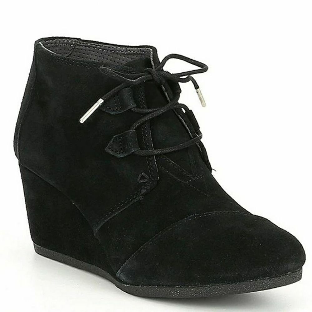Toms Black Kala Lace-Up Suede Ankle Wedge Heeled Booties